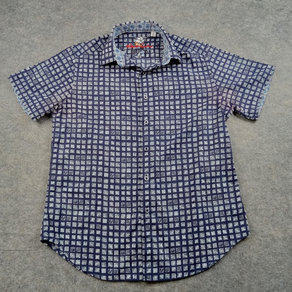 Robert Graham Shirt Mens Small Blue Geometric Short Sleeve Button Up Classic‎